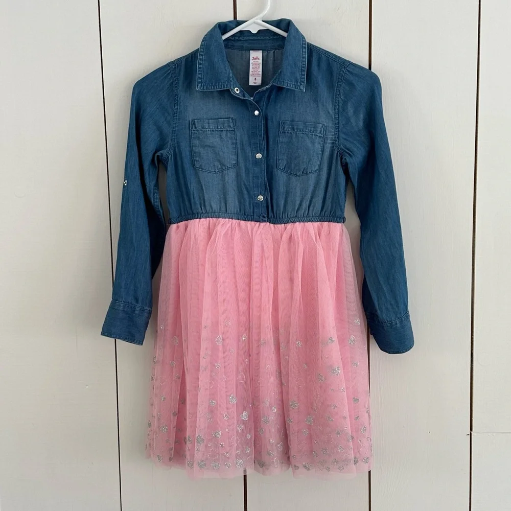 Girls Justice Denim Tulle Dress Sz 8 Sparkle Hearts Long Sleeve